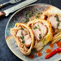 Pyszne co z ciasta francuskiego na obiad: pieczony schab w cieście z farszem grzybowym, udekorowany tymiankiem i papryczką chili.