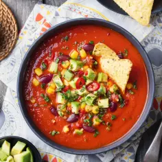 Zupa pomidorowa z awokado, kukurydzą i fasolą. Co dodać do zupy pomidorowej? Może nachos i posiekane chili?
