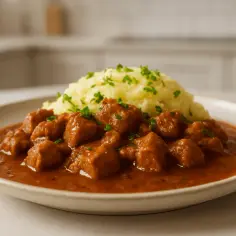 Gęsty, aromatyczny gulasz z mięsa w sosie, podany z purée ziemniaczanym i posypany natką pietruszki. Idealny pomysł, co dodać do gulaszu, by był sycący.
