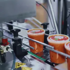 Linia produkcyjna z kubkami zupy krem. Zastanawiasz się, ile zupa krem może stać w lodówce? Te kubki czekają na swoją kolej.