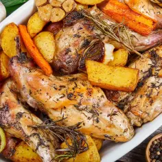Pieczony królik z ziemniakami, marchewką i czosnkiem, doprawiony rozmarynem. Idealna marynata do królika pieczonego w piekarniku.