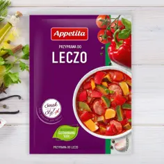 Opakowanie przyprawy do leczo Appetita z ziołami, papryką i pomidorami. Idealne, by dowiedzieć się, czym doprawić leczo.