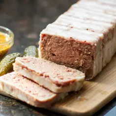 Pyszny pasztet zawinięty w boczek, gotowy do podania. Idealna temperatura pieczenia to klucz do jego sukcesu. Obok musztarda i ogórki.