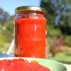 Słoik domowego sosu pomidorowego, idealny, by dowiedzieć się, jak zawekować sos do spaghetti. Letnia zieleń w tle.
