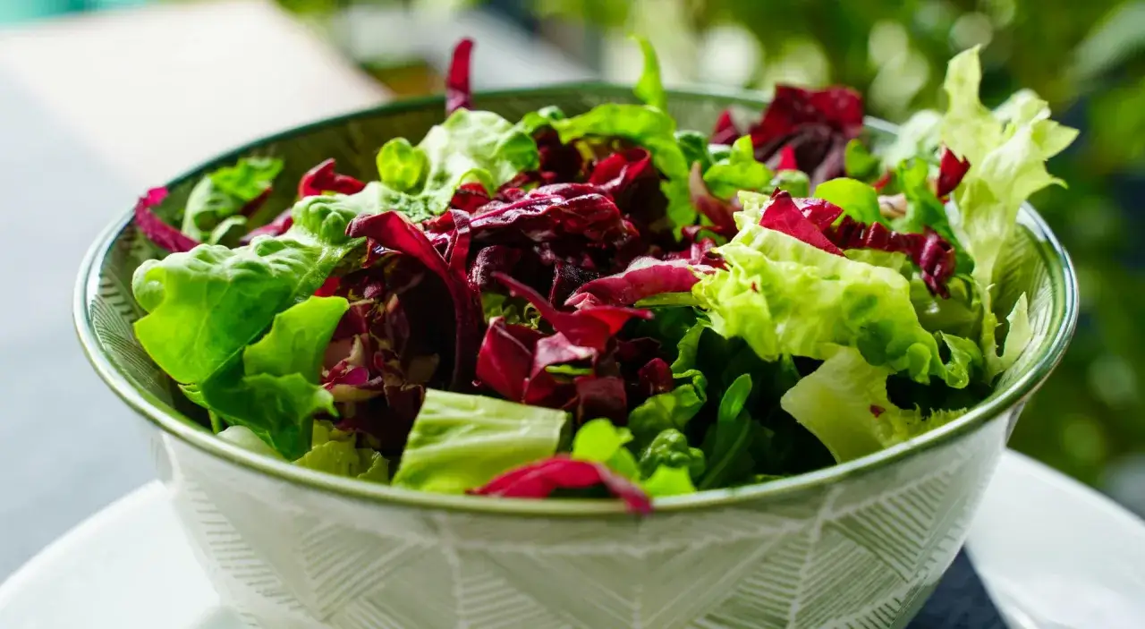 Mieszanka sałat w misce, z liśćmi radicchio i lodowej. Czasem zastanawiamy się, dlaczego sałata jest gorzka, ale ta wygląda apetycznie.