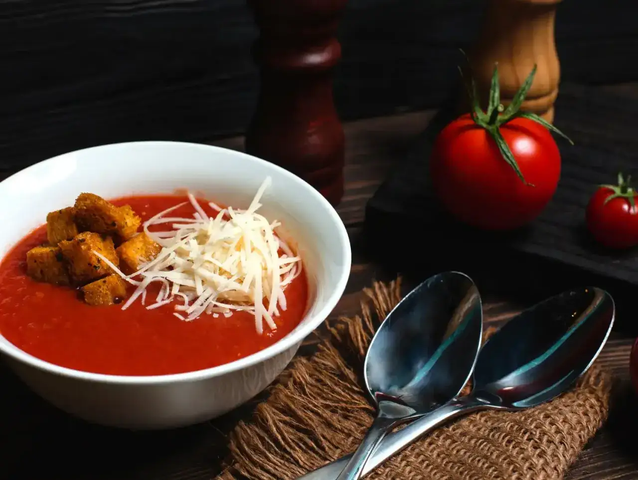 Aksamitny krem z pomidorów z grzankami i parmezanem. Czy krem z pomidorów jest lekkostrawny? Tak, ten wygląda na idealny dla wrażliwego żołądka.