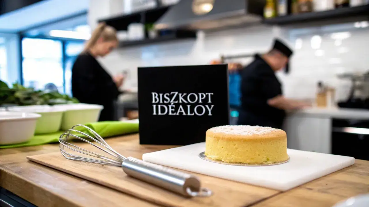 Idealny biszkopt z siedmiu jajek, gotowy do dekoracji. Obok trzepaczka i czarna tabliczka z napisem