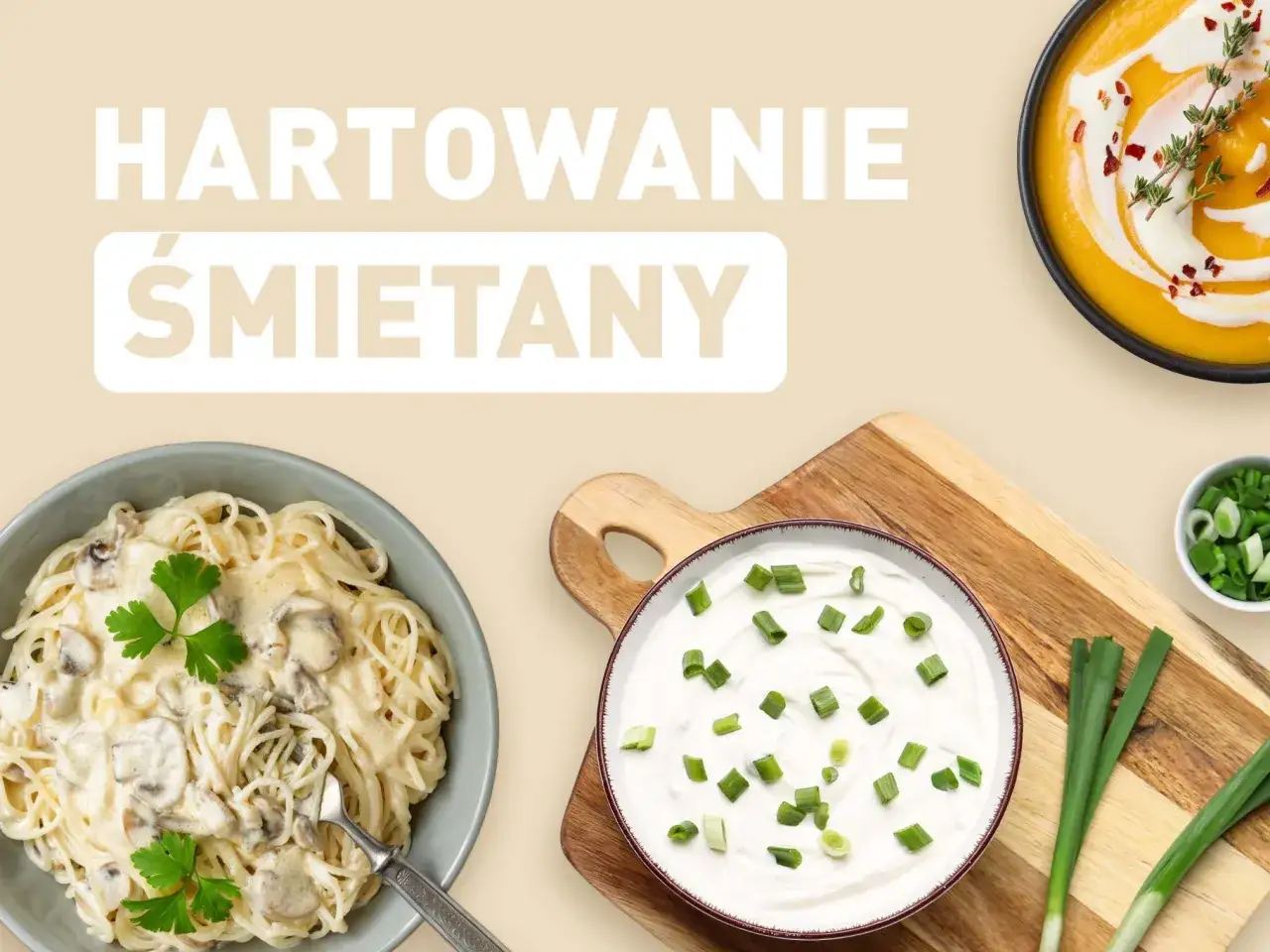 Co to znaczy zahartować śmietanę? Sprawdź, jak przygotować kremowe sosy i zupy, jak ta z dyni, makaron z grzybami i śmietaną, czy dip ze szczypiorkiem.