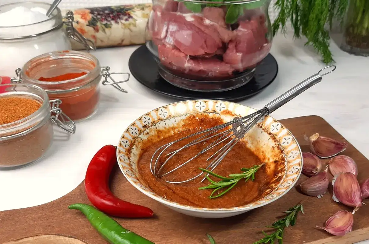 Przygotowanie marynaty do polędwiczek wieprzowych. W misce przyprawy, obok papryka, chili, czosnek i mięso.