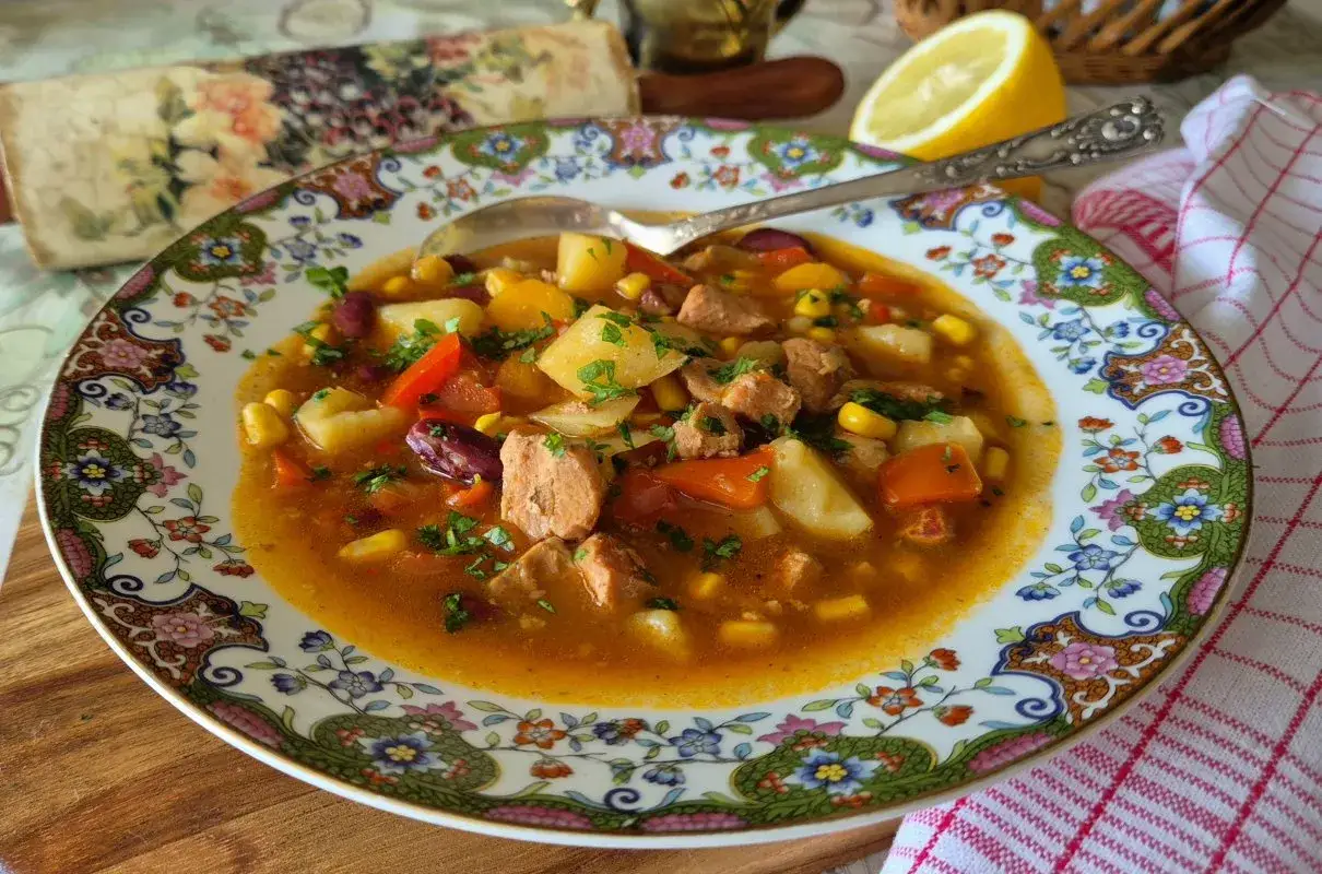 Pyszna zupa z mięsem, ziemniakami, kukurydzą i fasolą. Idealna odpowiedź na pytanie: jaka zupa na obiad?